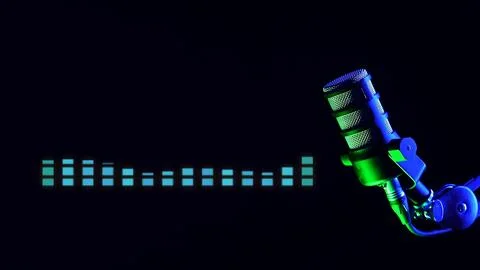 A studio microphone with glowing equalizer bands on a dark background for Stock Photos