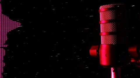 A studio microphone with glowing equalizer bands on a dark background for Stock Photos