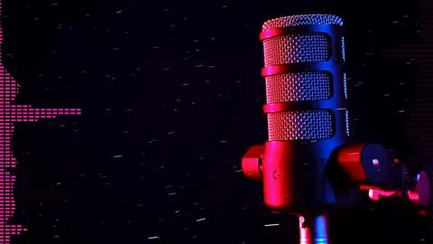 A studio microphone with glowing equalizer bands on a dark background for Stock Photos