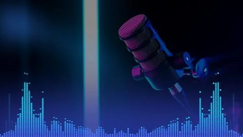 Studio microphone with illuminated equalizer strips and neon lighting for modern Stock Photos