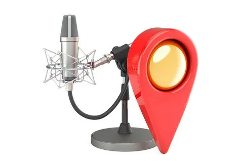 Studio microphone with map pointer. 3D rendering Illustrazione stock