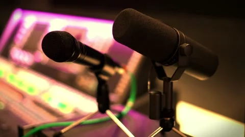 Studio microphone on mic stand against black background concept for podcast Stock Footage 231246328