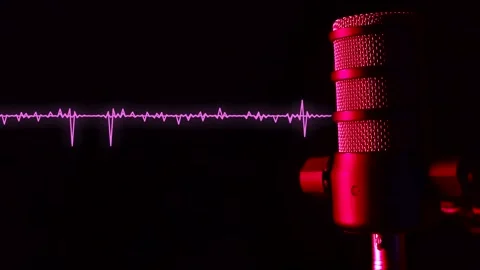 Studio microphone with neon wave line on a dark background for podcasts Stock Footage 327024912