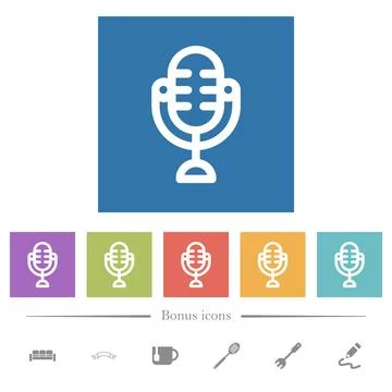 Studio microphone outline flat white icons in square backgrounds Stock Illustration