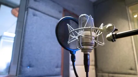 Studio microphone with shock mount and pop filter Stock Photos
