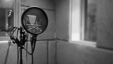 Studio microphone with shock mount and pop filter on tripod stand Stock Photos