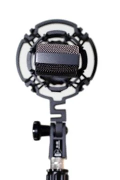 Studio Microphone in Shockmount on White Background - Head On Foto stock