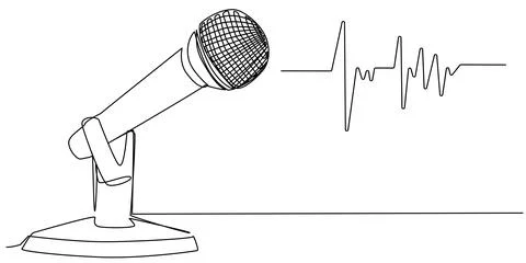 Studio microphone with sound waves in one line on a white background. Stock.. Illustrazione stock