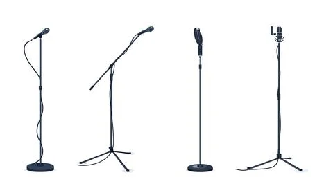 Studio microphone stands and boom arms set for audio recording and broadcast Stock Illustration