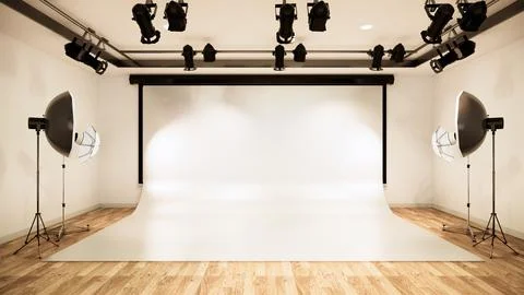 Studio - Modern Film Studio with white Screen. 3D rendering Illustrazione stock