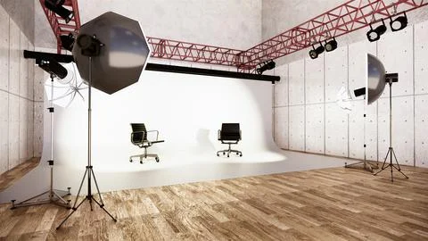 Studio - Modern Film Studio with white Screen. 3D rendering Illustrazione stock