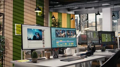 Studio with no people shows PC with advanced video editing software Stock Photos