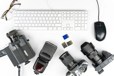 Studio Photography with computers, cameras, flashes and multiple lens Stock Photos