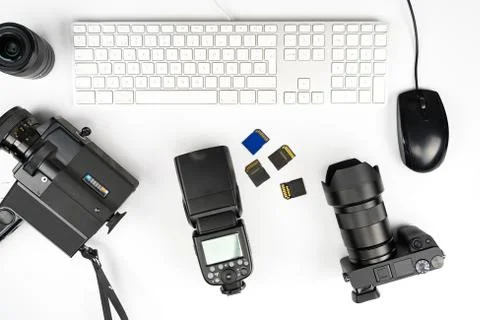 Studio Photography with computers, cameras, flashes and multiple lens Stock Photos