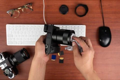 Studio Photography with computers, cameras, flashes and multiple lens Stock Photos