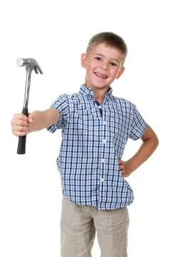Studio picture of a beautiful builder boy, dressed in blue checkered shirt Stock Photos