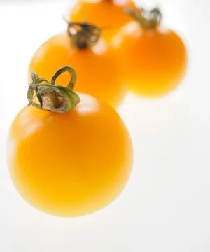 Studio picture of golden yellow tomatoes against a white background Stock Photos