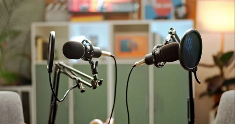 Studio, podcast and microphone in empty room for live streaming broadcast Stock Footage 271013747