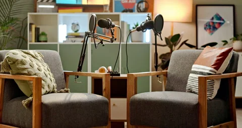 Studio, podcast and microphone or empty room as entertainment broadcasting, live Stock Footage 271152834