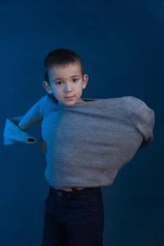 Studio portrait of a dark-haired boy wearing a gray sweater on a blue backgro Stock Photos