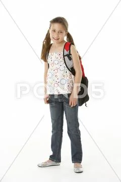 Studio Portrait of Girl Standing with backpack Stock Photos