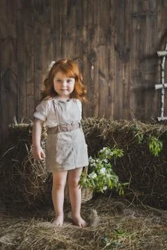 Studio portrait of red-haired little girls in the hay 6136. Stock Photos