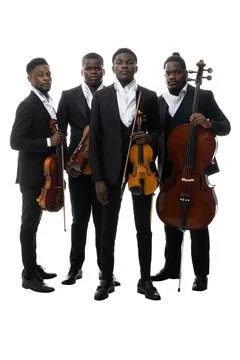 Studio portrait of a string quartet on a white background. African americans Stock Photos