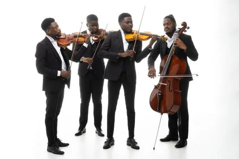 Studio portrait of a string quartet on a white background. African americans Stock Photos