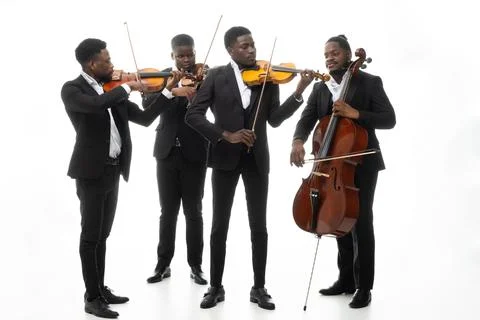 Studio portrait of a string quartet on a white background. African americans Stock Photos
