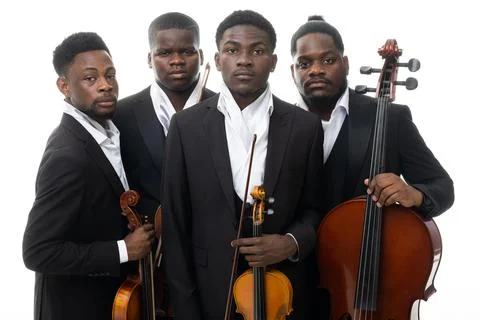 Studio portrait of a string quartet on a white background. African americans Stock Photos