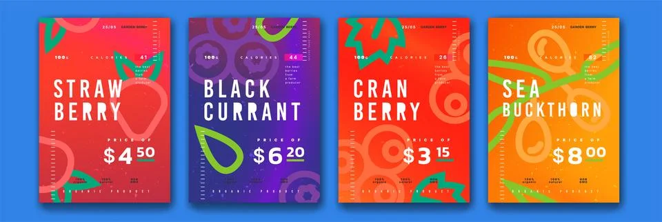 Studio poster. Geometry fruit cards. Abstract strawberry, cranberry and black Stock Illustration