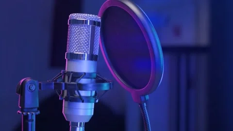 Studio recording, professional microphone in recording studio, close-up, podcast Stock Footage 153333255