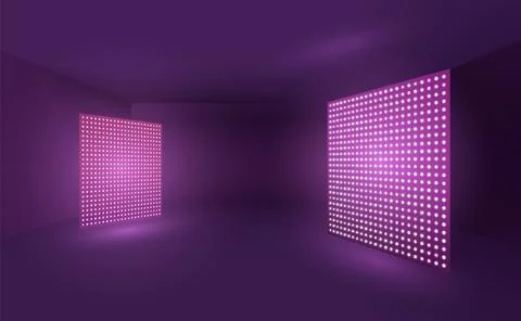 A studio room with a dark purple background and bright LED panels with a glowing Stock Illustration