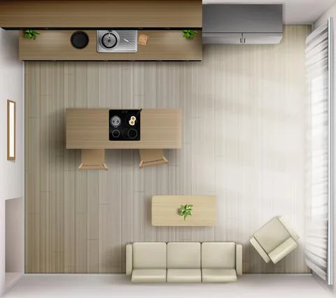 Studio room interior with kitchen top view, 3d Stock Illustration