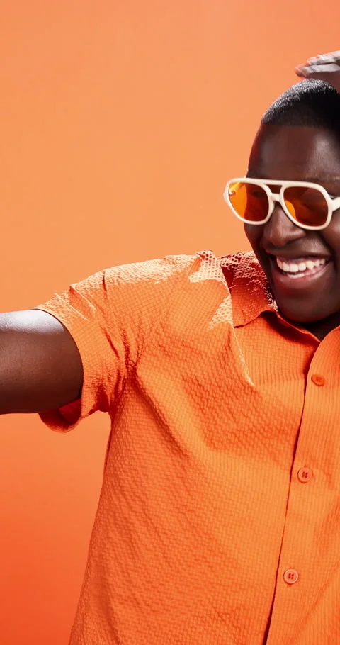 Studio, selfie and man with sunglasses, fashion and happy with unique style and Stock Footage 333382233