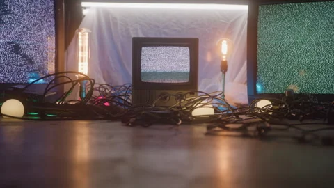 Studio Set of Static Televisions and Bright Lights Stock Footage 270334775