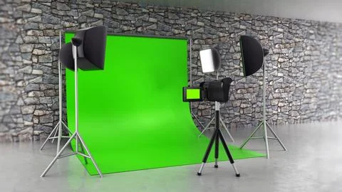 Studio setup with green screen, camera and studio lights. 3D illustration Illustration