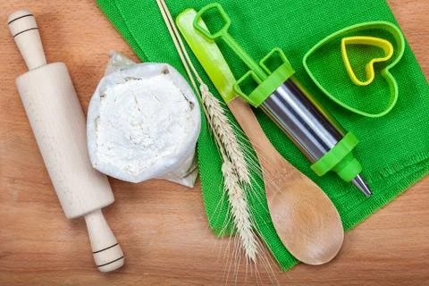 Studio shot of baking utensils, wheat and white flour Free Stock Photos
