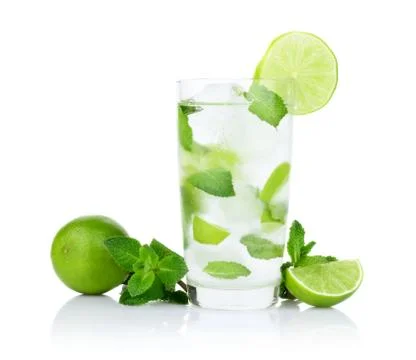 Studio shot of cold mojito with ice cubes isolated on a white background Stock Photos