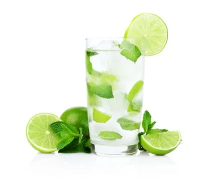 Studio shot of cold mojito with ice cubes isolated on a white background Stock Photos