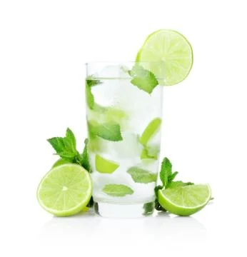 Studio shot of cold mojito with ice cubes isolated on a white background Stock Photos