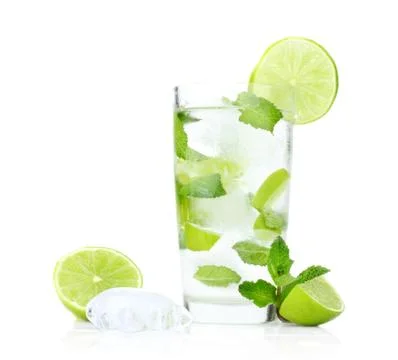 Studio shot of cold mojito with ice cubes isolated on a white background Stock Photos