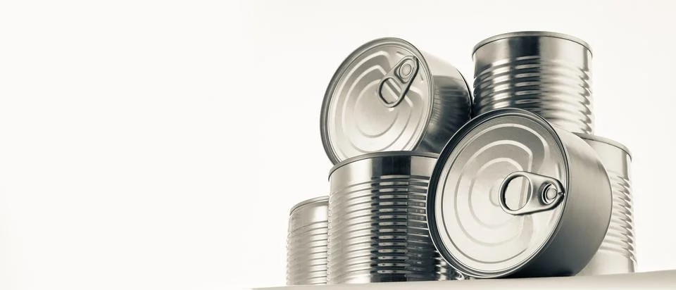 Studio shot a composition of several tin cans without labels is a graphic m.. Stock Photos