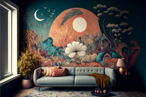 Studio shot of a cozy couch in front of an artsy wallpaper Stock Illustration