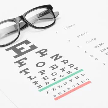 Studio shot of eyesight test chart with glasses over it Stock Photos