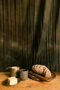 Studio shot of fresh rye bread and butter Stock Photos