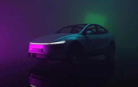 Studio shot of a gray 2025 Tesla Model Y, slight left front view under purp.. Stock Illustration