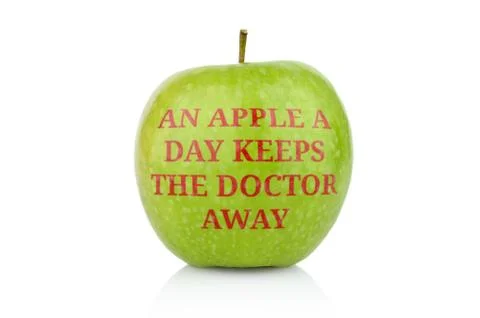 Studio shot of green apple with caption -apple a day keeps a doctor away Stock Illustration