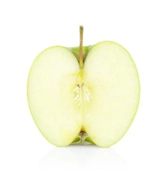 Studio shot of green apple slice in half isolated white background Stock Photos