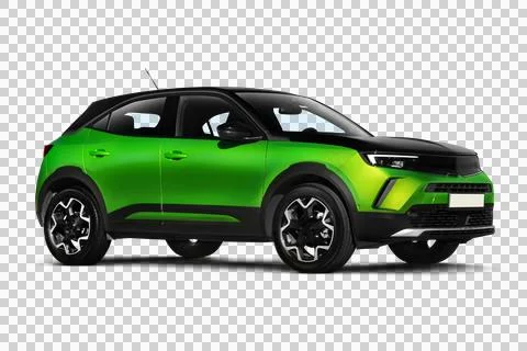 Studio shot of a green colored b-suv car showing its right side with a part.. Ilustración de archivo